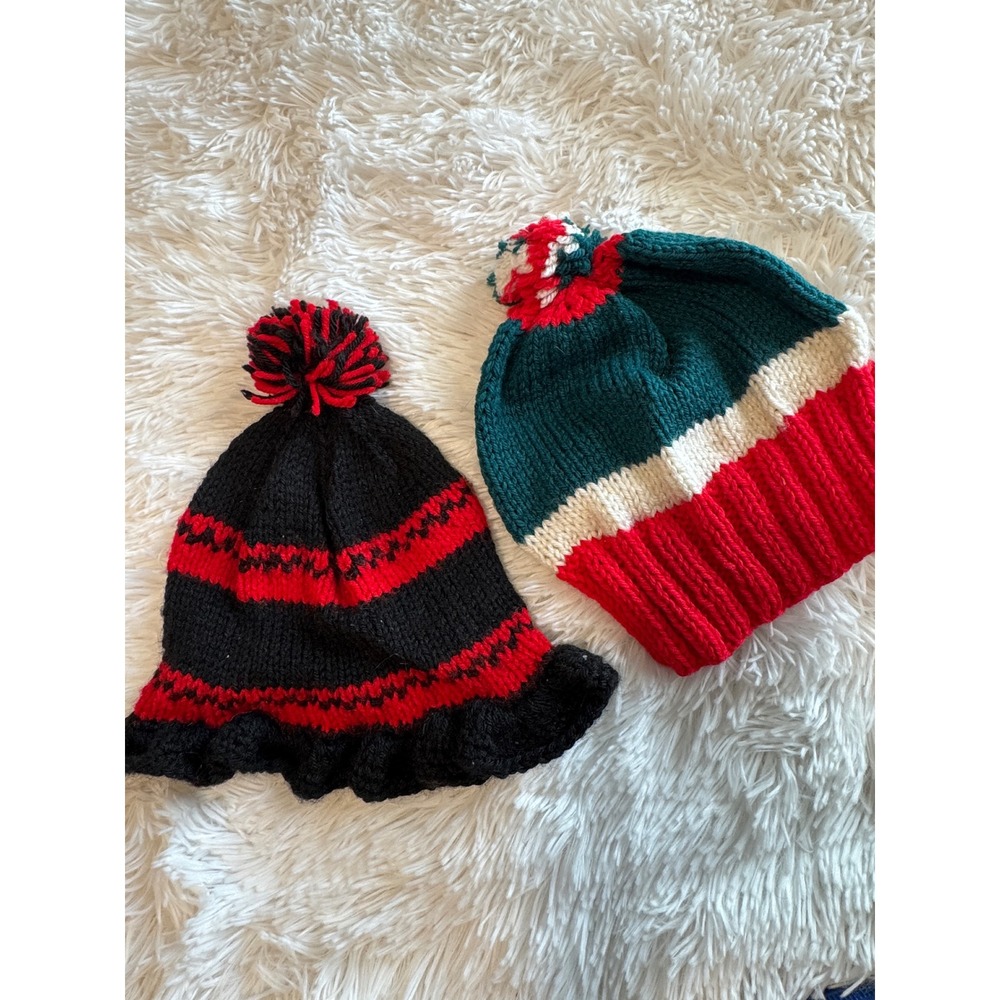 Kids Knit Beanie Hat Bundle Handknit Pom Pom Rainbow Colorblock Set of 3